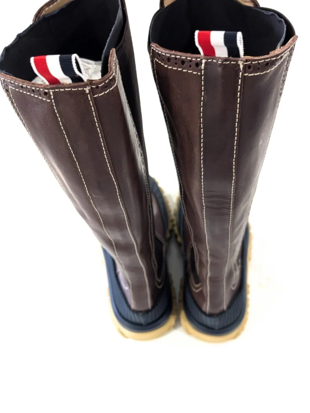 THOM BROWNE Knee High Chelsea Duck Boots Brown Leather Rubber Sole SIZE 9